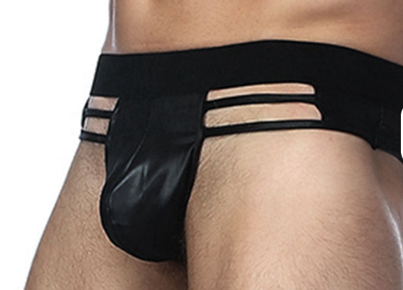 Black Faux Leather  2 Strap Jockstrap Thong