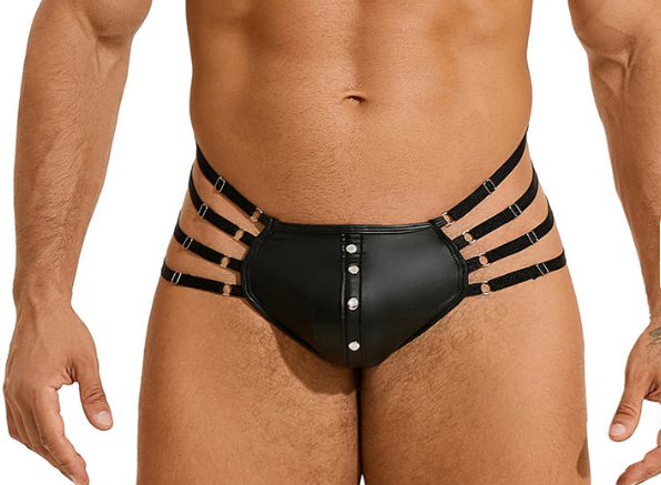 Black Faux Leather 4 Strap Jockstrap Thong