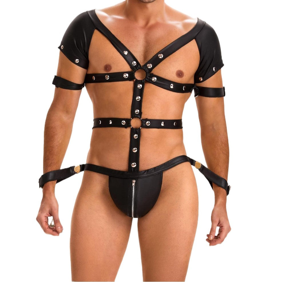 Black Faux Leather Chest Harness & Zipper Jock