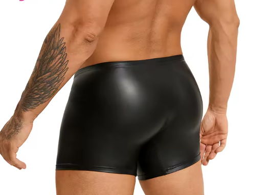 Black Faux Leather Zipper Boxer Shorts