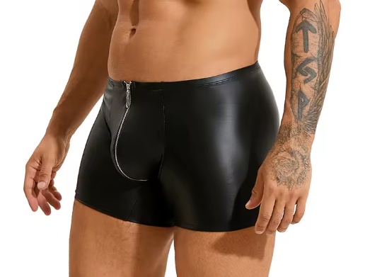 Black Faux Leather Zipper Boxer Shorts