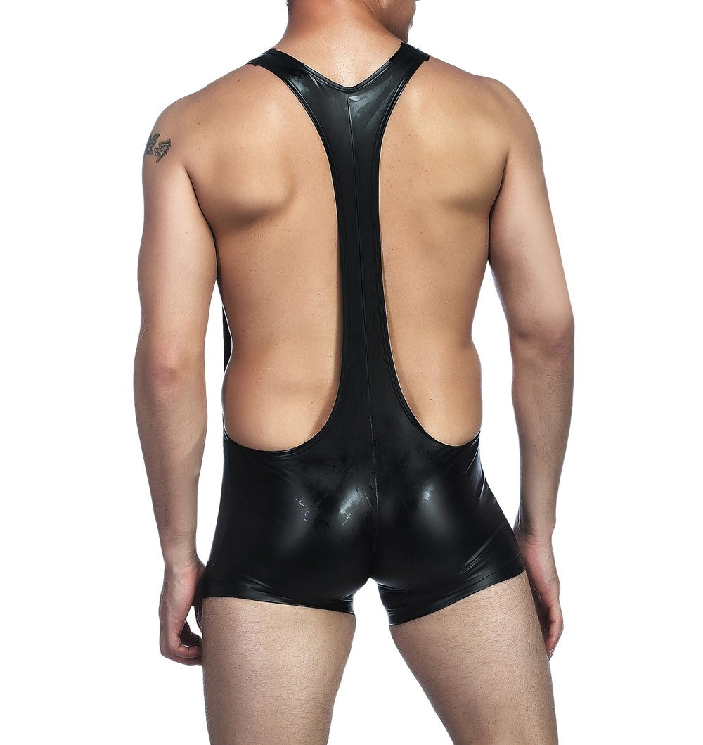 Black Faux Leather Men Bodysuit