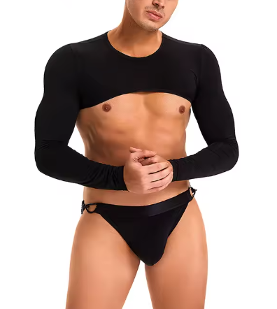 Black Ice Silk Long Sleeve Crop & Buckle Jockstrap