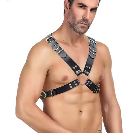 Black Leather Adjustable Chest Strap Harness
