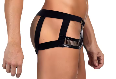 Black Faux Leather Mesh Boxer Jockstrap