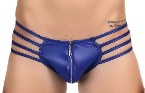 Blue Faux Leather Zipper  4 Strap JockStrap Thong