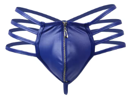 Blue Faux Leather Zipper  4 Strap JockStrap Thong