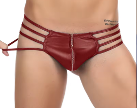 Red Faux Leather Zipper 4 Strap Jockstrap Thong