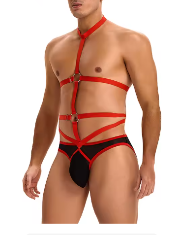 Red & Black Mesh Jockstrap & Harness Bodysuit