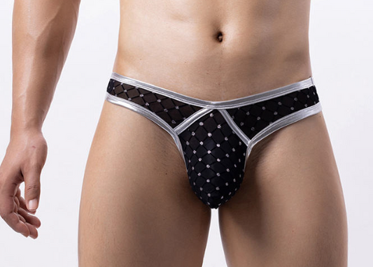 Silver Faux Leather  & Black Mesh Thong