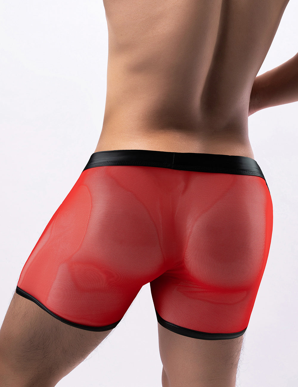 Red  Mesh Openable Crotch Imitation Leather Men's Boxer Underwear